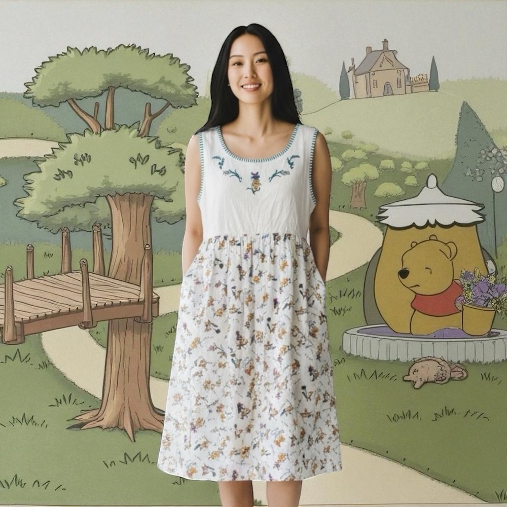 Cottagecore! Vintage Disney Pooh Y2k Embroidered Sleeveless Babydoll XL
